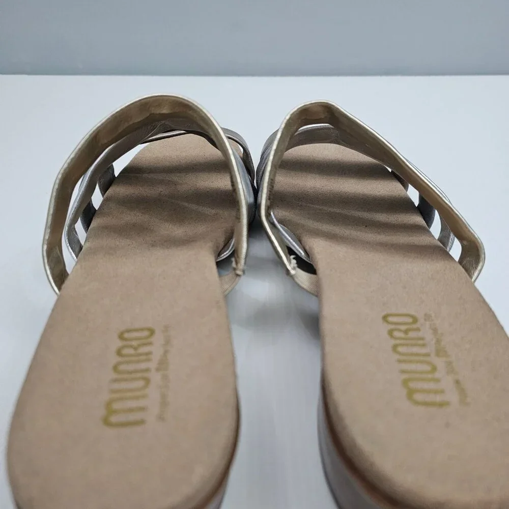 Munro Adrianne Metallic Strappy Sandal Womens 10 NARROW Taupe Leather Slide